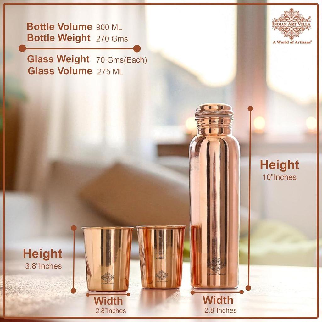 Copper Drinkware Gift Set of Plain Shine Finish Design 1 Bottle & 2 Glass with Gift Box, Gift Item for Diwali, Bottle-900 Ml & Glass-275 Ml