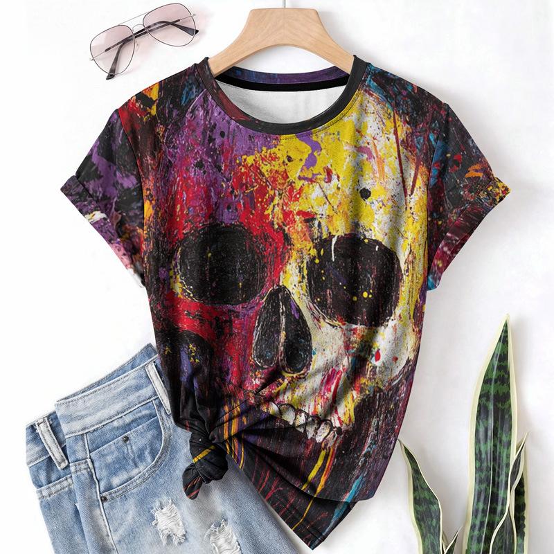 Women's Skeleton Casual Sports T-shirt Summer Round Neck Short Sleeve Fashionable Lightweight Women Shirt
