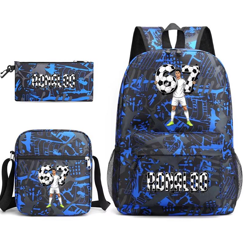 Cr7 Ronaldo 67 Patroon Schoolrugzak Set met Schoudertas en Etui voor Tieners Kinderen Meisje Jongen Lichtgewicht Ruime Schooltas