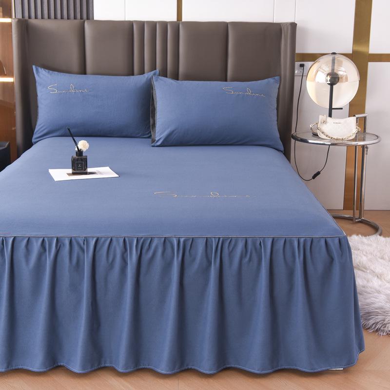 Solid Color Washed Cotton Lace Bed Skirt Mattress Protector