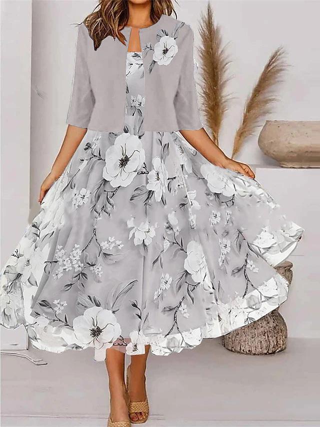 Women's Relaxed Fit Skirt Suit Three Quarter Sleeve Crop Jacket Flared Midi Dress 2024 Fall Floral Print Elegant Two Piece Outfit Set