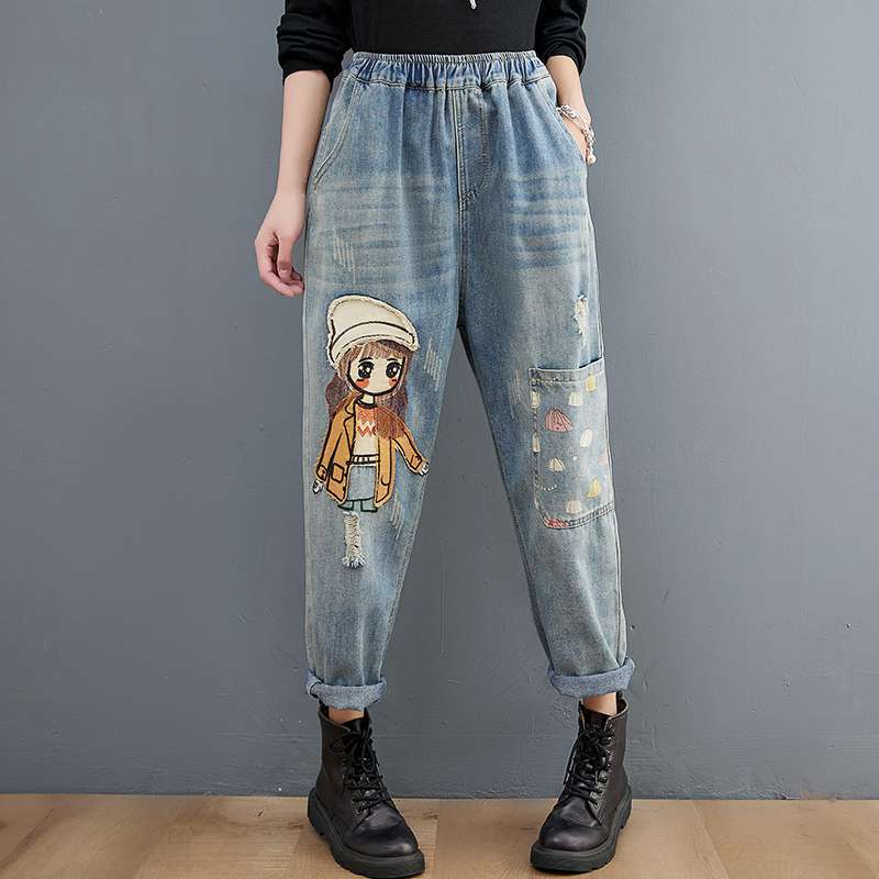 Damen Übergröße Lässige Haremjeans Bestickter Denim Hohe Taille Lange Hose Cartoon-Nähte Dad-Hose