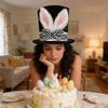Easter Bunny Ear Top Hat for Women Men Adults Furry Rabbit Ear Hat with Checkered Bow for Halloween Party Costume Easter Cosplay Accessory