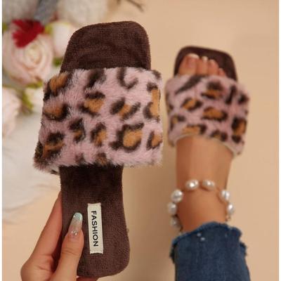 Fairy Style Leopard Print Fluffy Slippers for Women's Outdoor Wear In Spring 2026 New Plush and Lazy One Line Cotton Mop