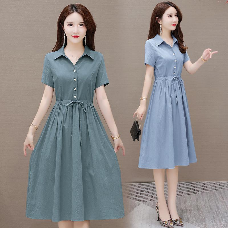 Women's 2023 Summer Solid Color Cotton Linen A-line Dress, Short Sleeve, Casual Slimming Design
