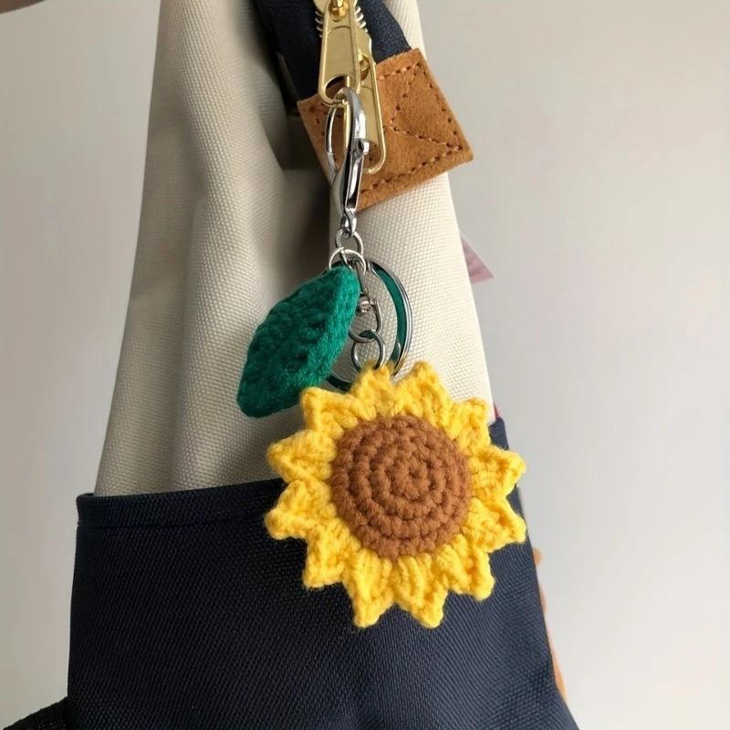 Handmade Crochet Sunflower Keychain With Green Leaf Charm For Backpack Decor Daily Use Gift For Sunflower Fans