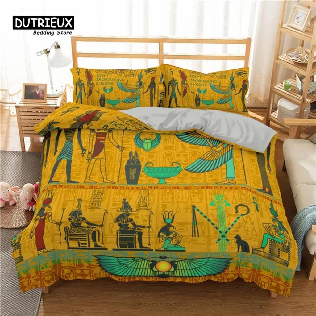 Egyptian Bedding Set Exotic Tribal Retro Theme Ancient Egypt Civilization Characters Duvet Cover Boho Animals Floral Pillowcases