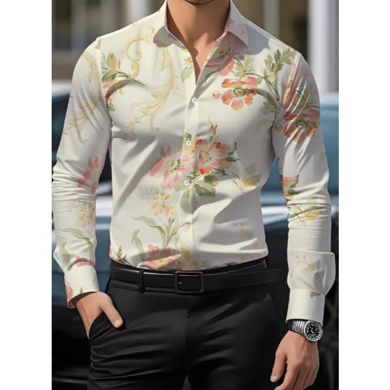 Herren langärmliges Hemd mit Knopfleiste und Kragen, floraler Aufdruck, formell, romantisch, große Blume blühende Blume Ganzkörperdruck, Herren Tropi