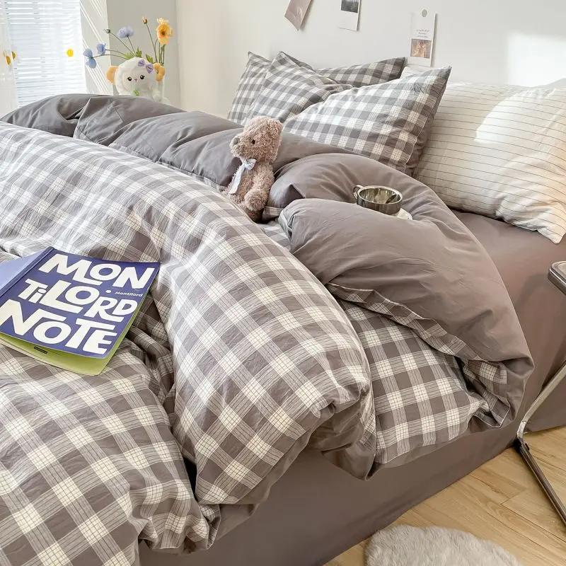 INS Plaid Bedding Set Pink Green Bed Linens Nordic Duvet Cover Pillowcase Queen Size Flat Sheet Adults Kids Bedclothes