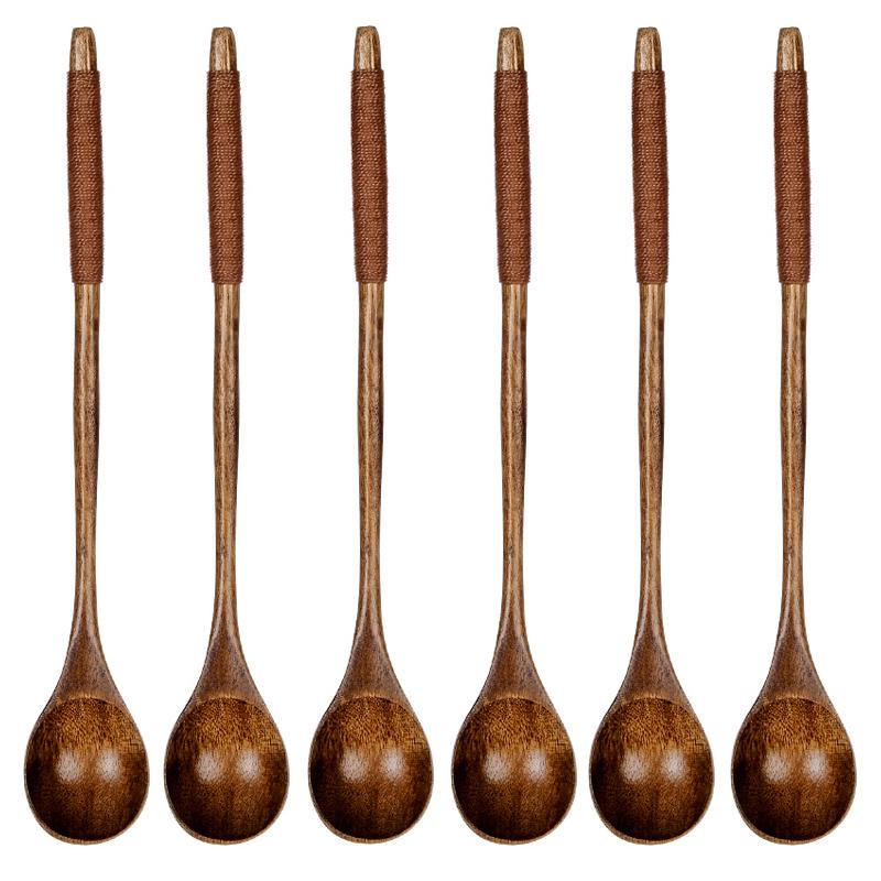 6Pcs Wooden Spoon Set Tea Spoons Small Dessert Spoon Coffee Stirrer Wood Teaspoon Long Handle Stirring Mixing Spoon for Honey