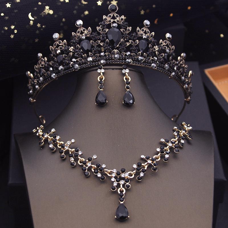 Princess Crown Bridal Jewelry Sets for Girls Blue Tiaras Choker Necklace Sets Bride Wedding Dress Prom Jewelry Accessories