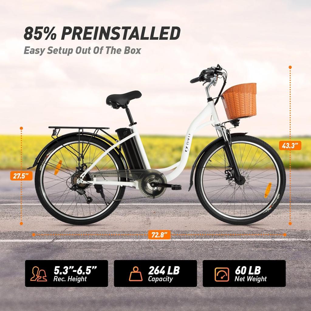 DYU C6 350W Electric Commuter Bike | 80km Max Range & 26" All-Terrain Tires - 36V 12.5Ah Long-Distance Urban E-Bike