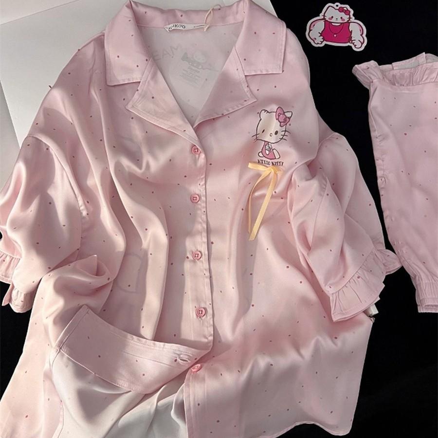 High-end polka-dot Kitty pajamas women s summer short-sleeved shorts lace two-piece set women s loungewear S