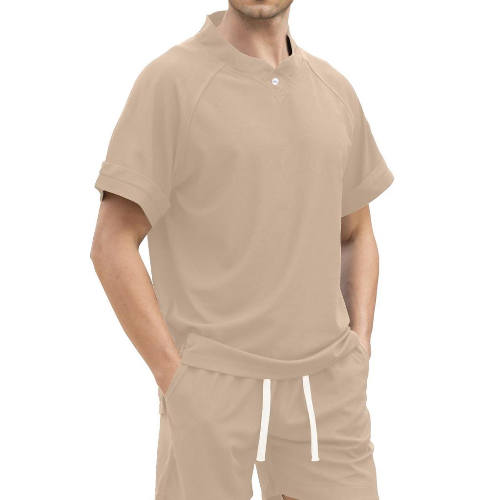 Tricou Casual Respirabil de Vară pentru Bărbați Tricou cu Guler Înalt Culoare Solidă Set Scurți