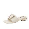 Fashion square buckle low heel slippers women solid leather flip flops metal heel ladies outdoor slides summer shoes sandalias de mujer