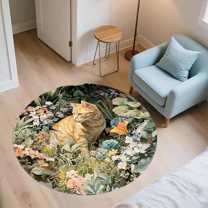 Cat and Flowers pattern round rug,Carpet Rug for Living Room Bedroom Sofa Playroom Decor,Non-slip Floor Mat,Holiday Gifts and Birthday Gifts