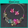 1 Women Necklace Set Earrings Set Colorful Rhinestone Flower Leaf Shape Hollow Neck Ear Jewelry Luxury Stainless Antirust Bride Prom Party