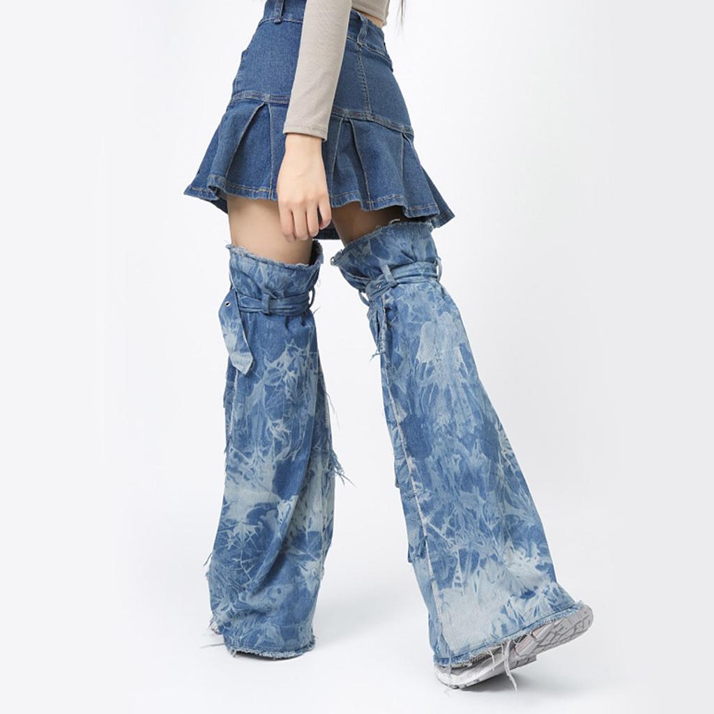 Women Harajuku Over the Knee Denims Tie Dye Leg Warmers Punk Buckled Strap Leg Covers Socks Baggy Leg Sleeves Streetwear