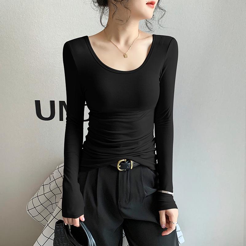 

Женский черный вязаный топ в рубчик с длинным рукавом, облегающий фигуру - Базовый слой с круглым вырезом для весны, осени, зимы XL (140-160 lbs)