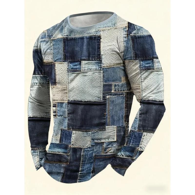 Autumn and Winter Men's Checked 3D Printed Crew Neck Long Sleeve T-Shirt