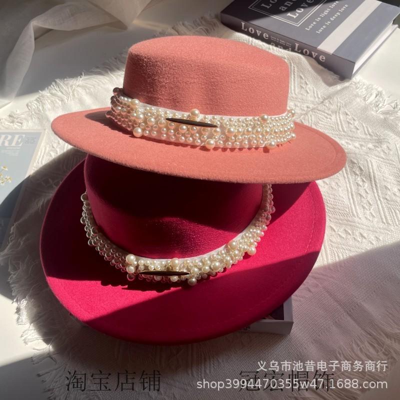 White Pearl Flat Top Woolen Top Hat Female Autumn and Winter British Retro Socialite Elegant French Wide Brim