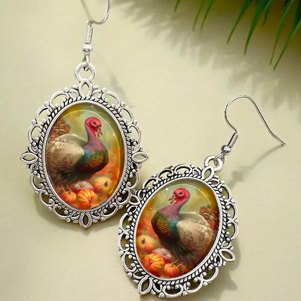 Thanksgiving Turkey Dangle Earrings For Women Cartoon Fox Oval Glass Dome Earrings Animal Jewelry Gifts