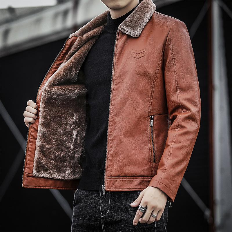 Men's Leather Jacket Plus Velvet Winter New Men's Pu Leather Jacket Lapel Middle-aged and Elderly Men's Dad Wear Thickening