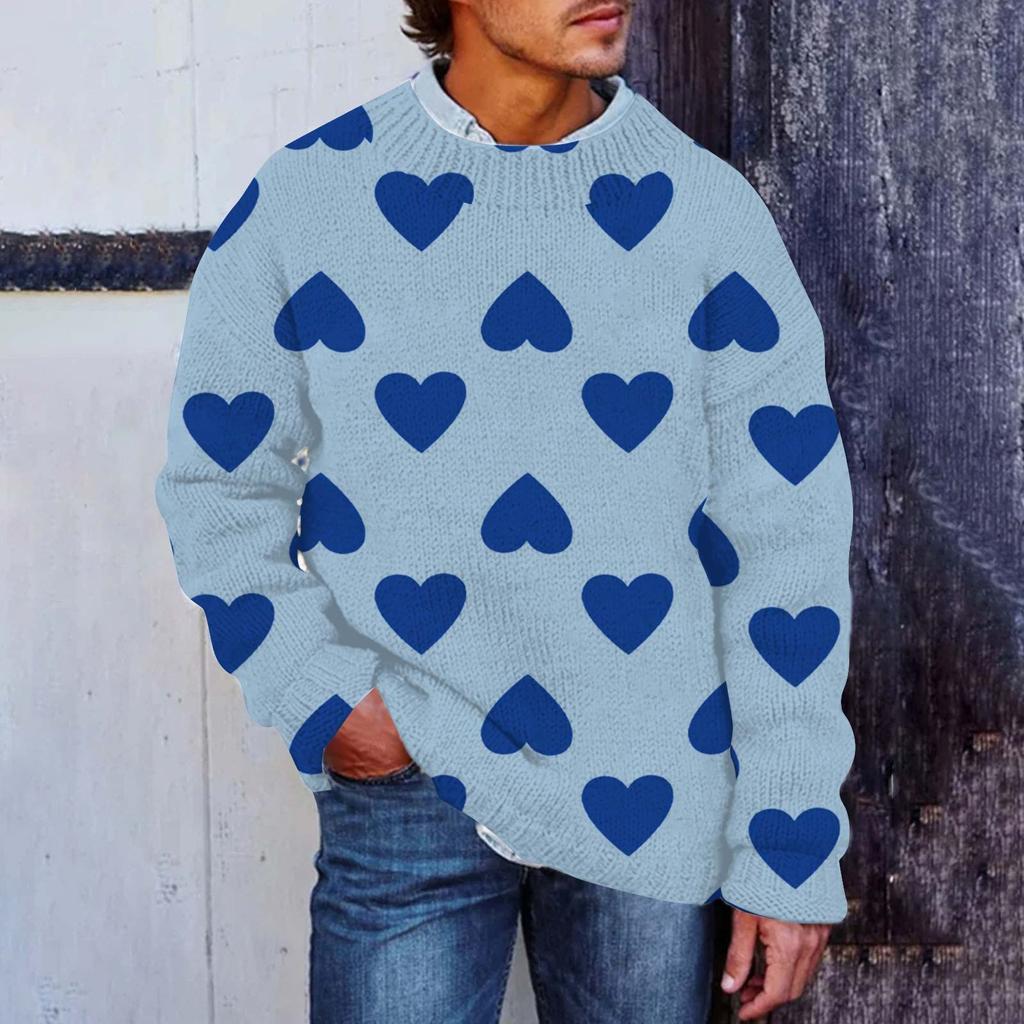 Men's Valentine's Day Print Faux Sweater, Crewneck Sweatshirt, Loose Long-sleeved Top