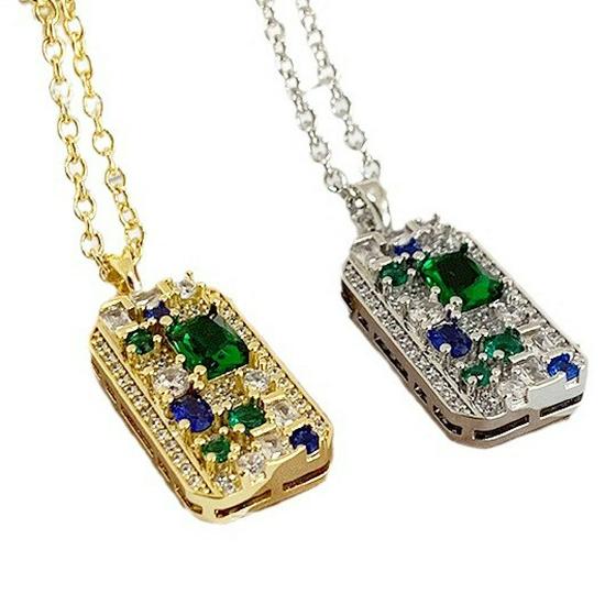 European American Classic Rectangle Dog Tag Necklace with Micro-Inlaid Zircon Colored Diamonds, Copper-Plated In Real Gold, INS Style for Women