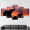 Elephant Silhouette Beautiful Sunset Scenery 5 Piece Canvas Wall Art Multi Panel Print Modern Poster Home Decor Picture Gift For Him For Her