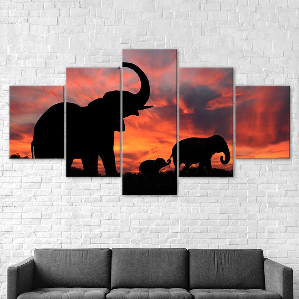 Elephant Silhouette Beautiful Sunset Scenery 5 Piece Canvas Wall Art Multi Panel Print Modern Poster Home Decor Picture Gift For Him For Her