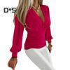 Women Spring Shirt Deep V Neck Pleated Striped Color Matching Long Sleeve Solid Color Lantern Sleeve Slim Fit OL Commute Top