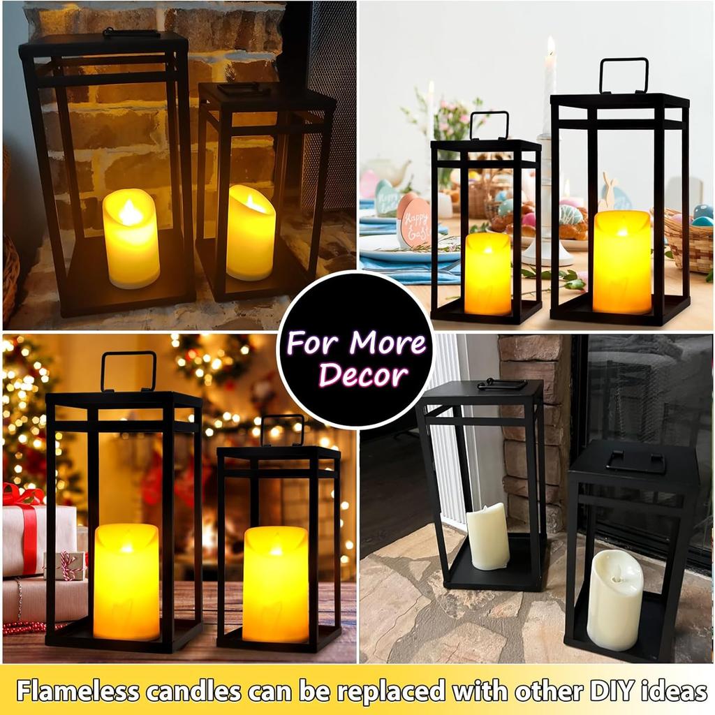 Modern Farmhouse Lantern Decor, 2Pcs Metal Candle Lanterns with Flameless Candles Black Decorative Lantern for Front Porch Covered Patio Dining Table