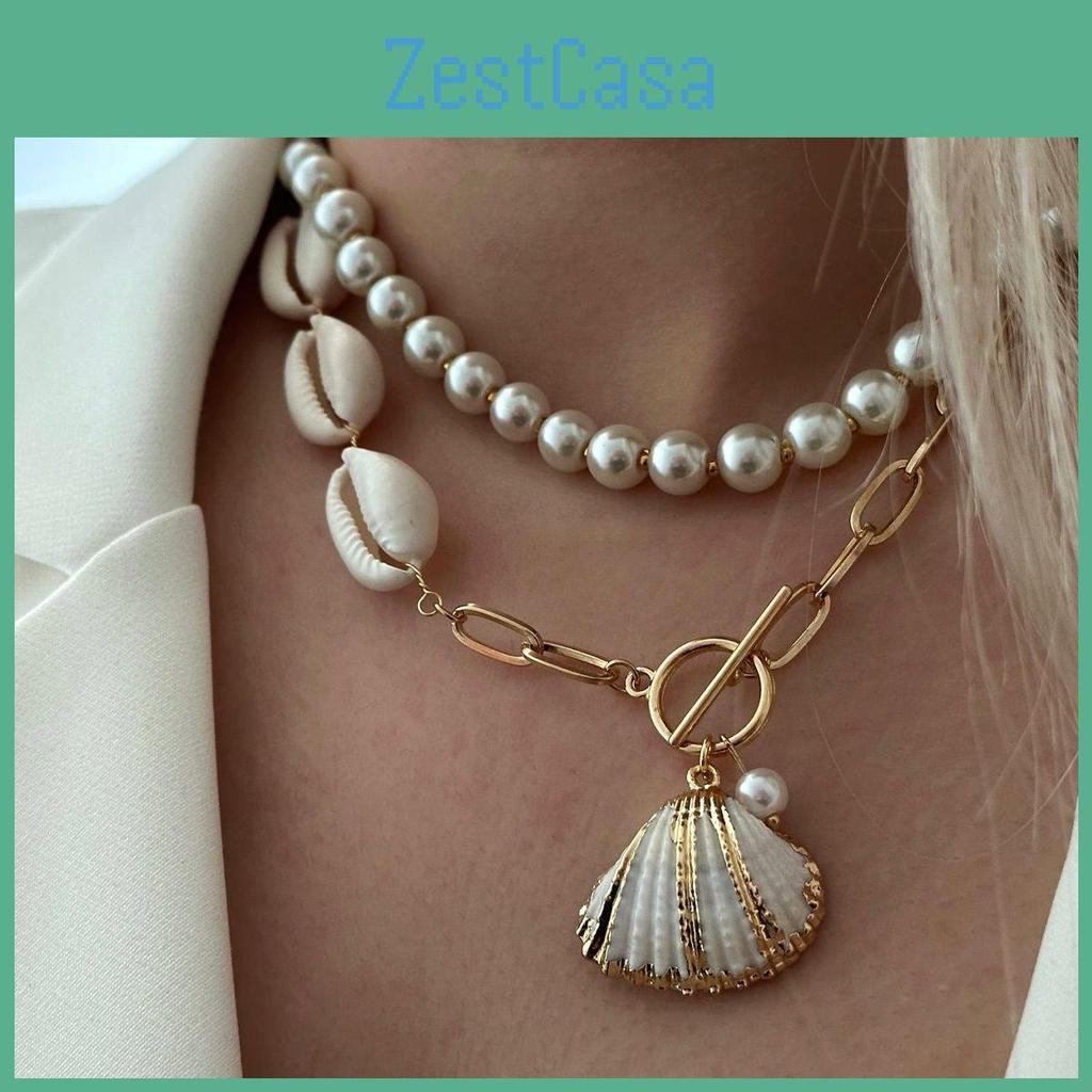 Seashell Necklace Boho Style Chunky Chain With Artificial Pearl For Summer Beach Vacation