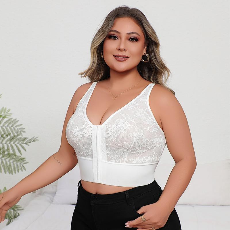 Plus Size Women's Sexy Deep V Lace See-through Bra With Center Front Zipper And Beautiful Back Push-up Adjustable Bra