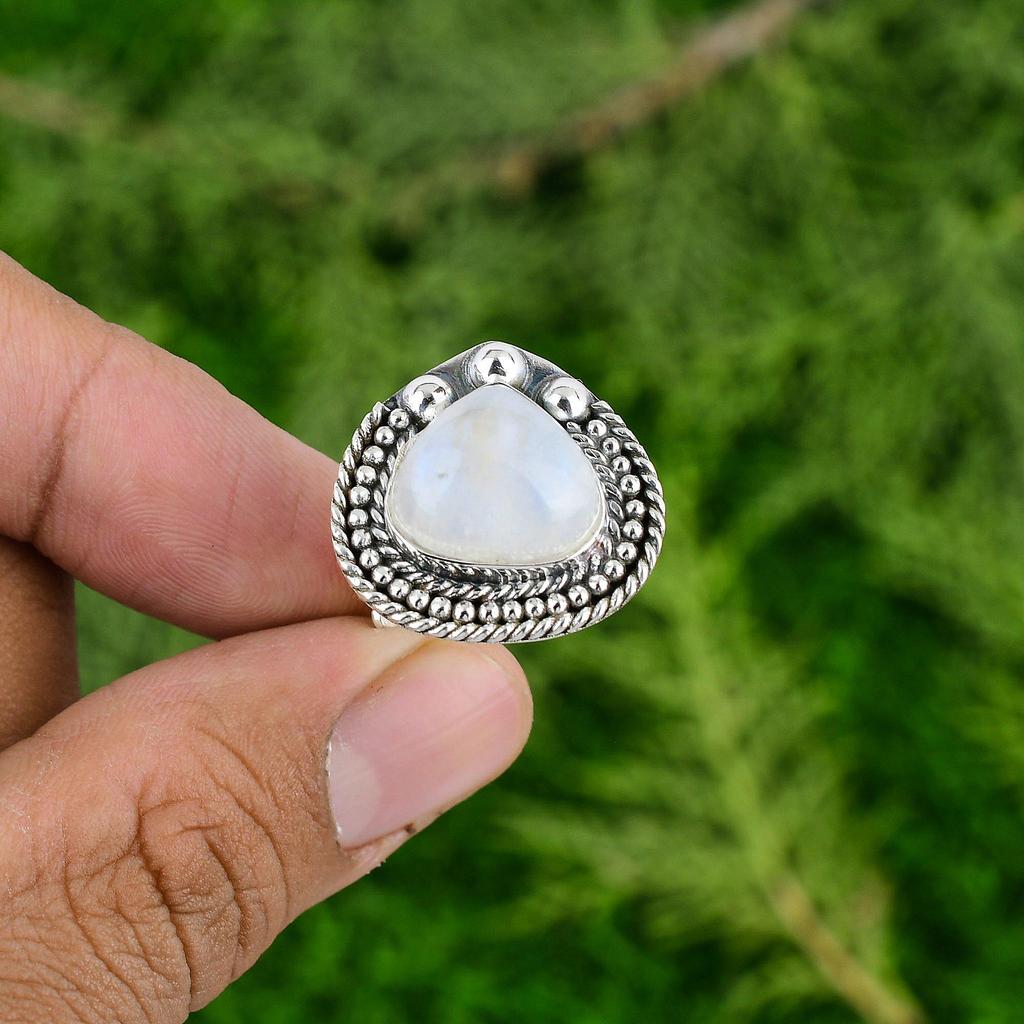 925 Silver Pear Rainbow Moonstone Stone Wedding Statement Mother Elegant Ring