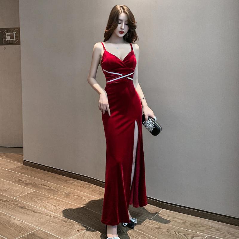 WTEMPO Dámské večerní šaty Sexy V-výstřih Svatba Recepce Šaty na boky Ramínka Duté Společenské šaty