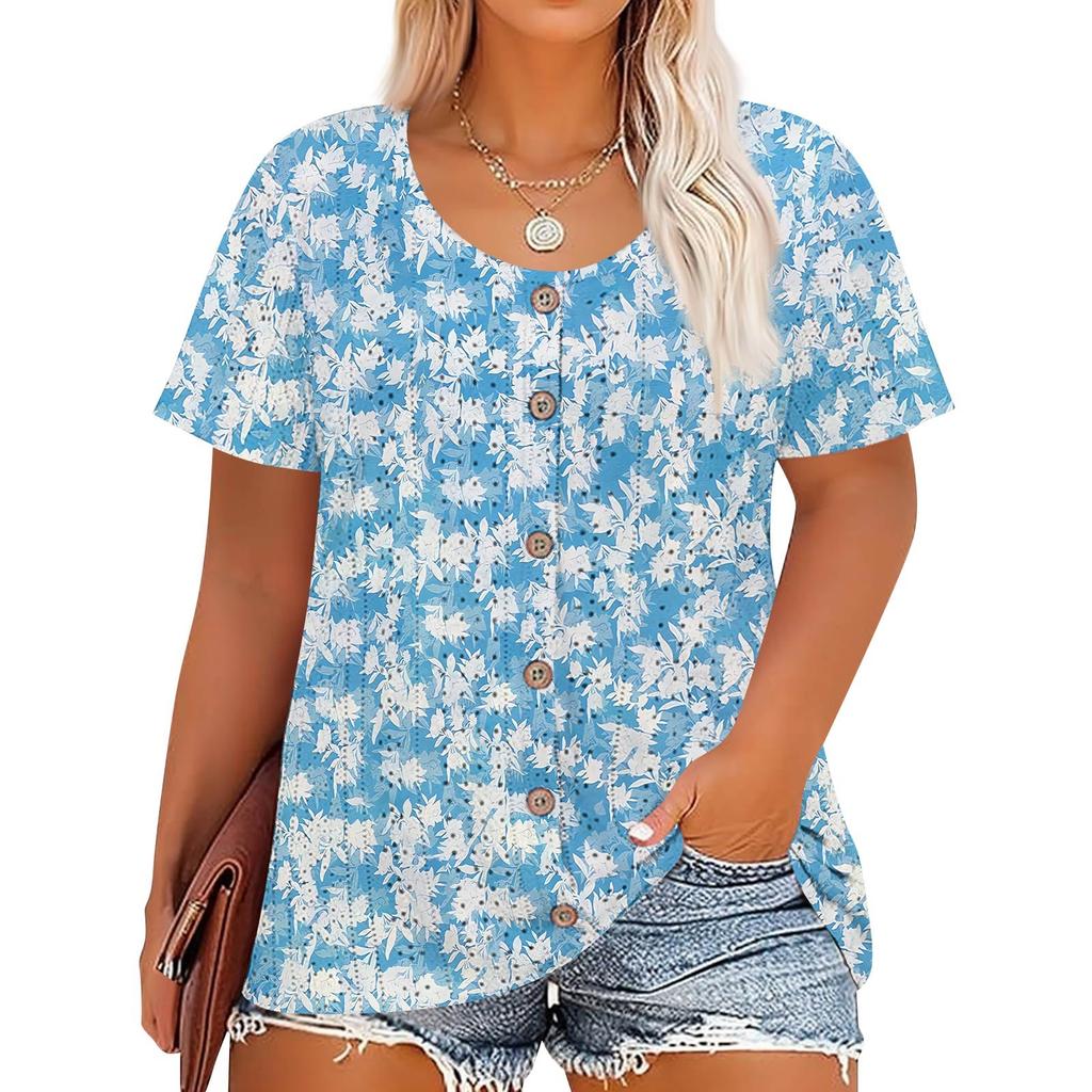 Plus Size Women's Fashion Casual Vintage Printed O-Neck Short Sleeve Button T-Shirt Top