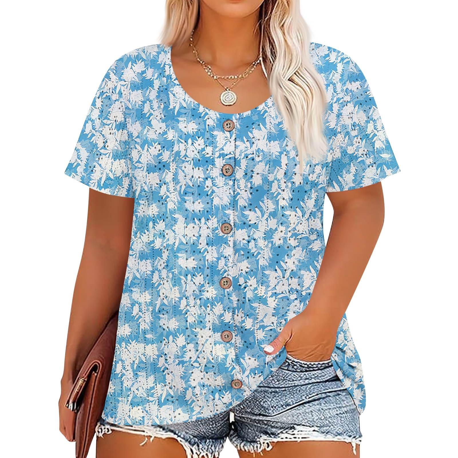 

Женская мода больших размеров Повседневный винтажный топ-футболка с принтом, круглым вырезом, коротким рукавом и пуговицами XL небесно-голубой