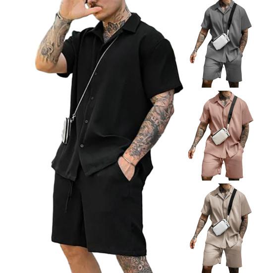 2Pcs/Set Men Casual Outfit Lapel Short Sleeve Shirt Elastic Waistband Drawstring Wide