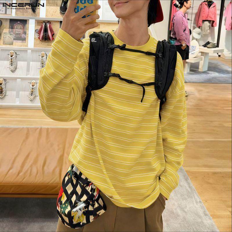 INCERUN Oversized Men Long Sleeve Striped Loose Casual Tops T-shirts
