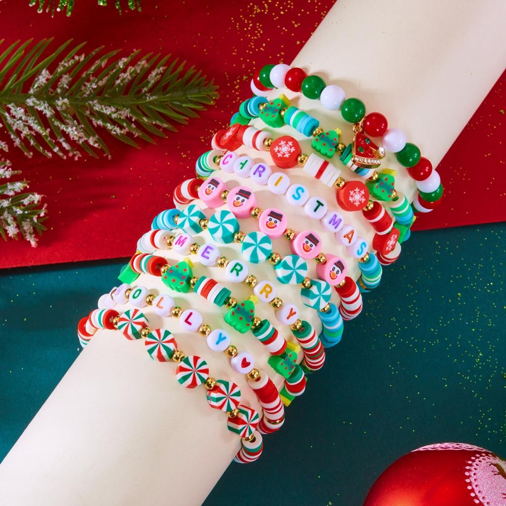 10Pcs/Set Christmas Snowman Heart Tree Gift Box Snowflake Santa Claus Soft Clay Beaded Multilayer Bracelet For Women Men Jewelry