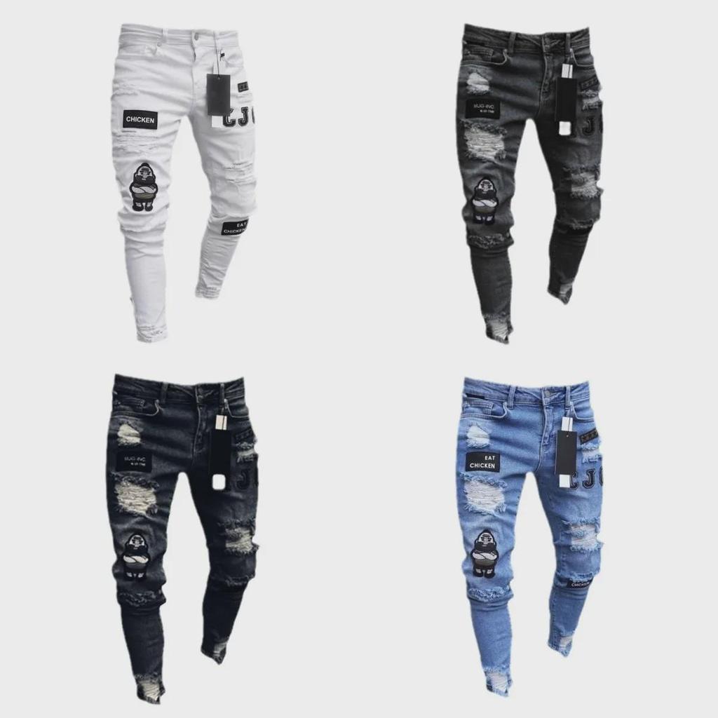 Modă Masculină Europeană și Americană: Blugi skinny noi cu aspect rupt