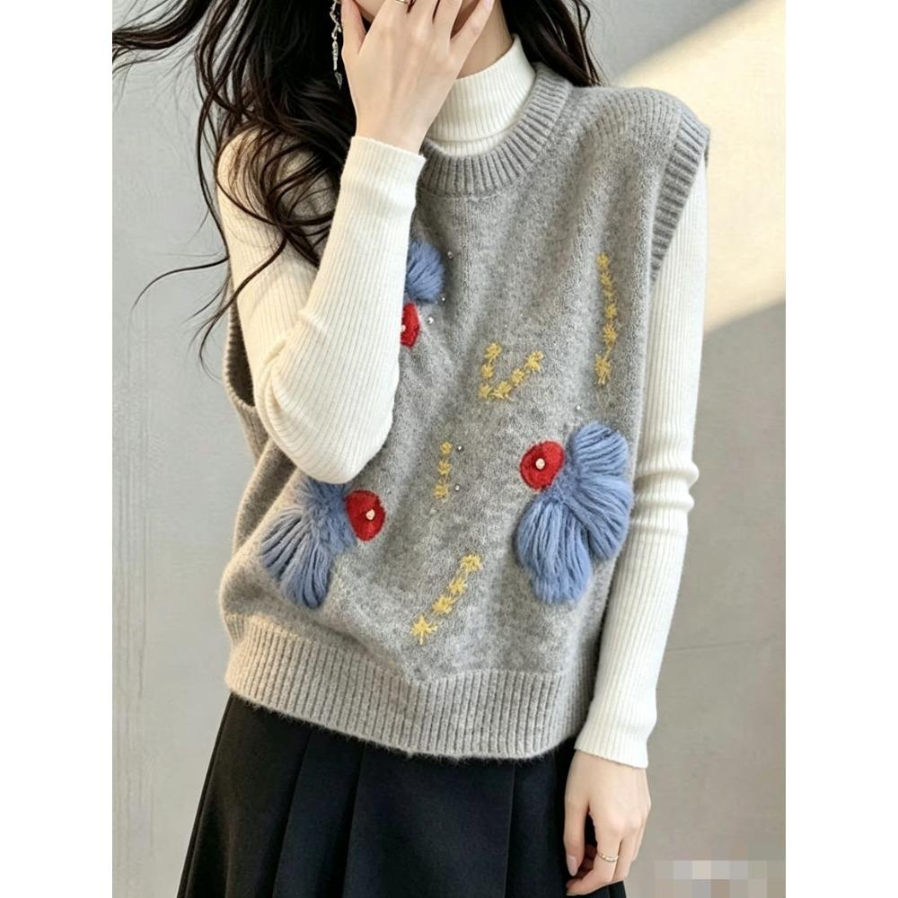 2026 Autumn Winter New Women Sweater Pullover Floral Knitting Fashion Lady Tops Vest Tank Sleeveless Shirt Loose Casual