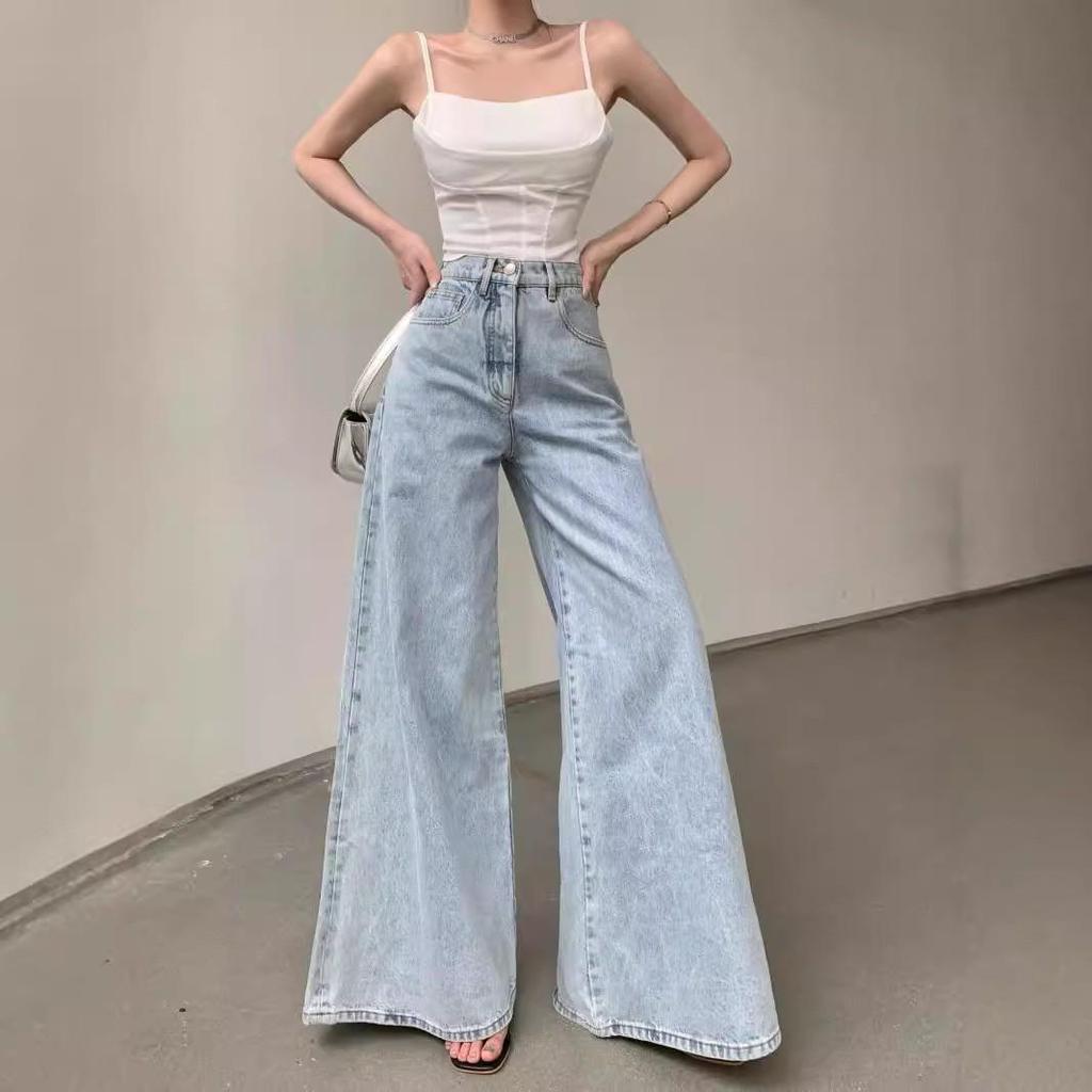 Hong Kong Retro Flare High-Waist Wide-Leg Jeans for Women - Slimming Straight-Leg, Floor-Length Casual Pants