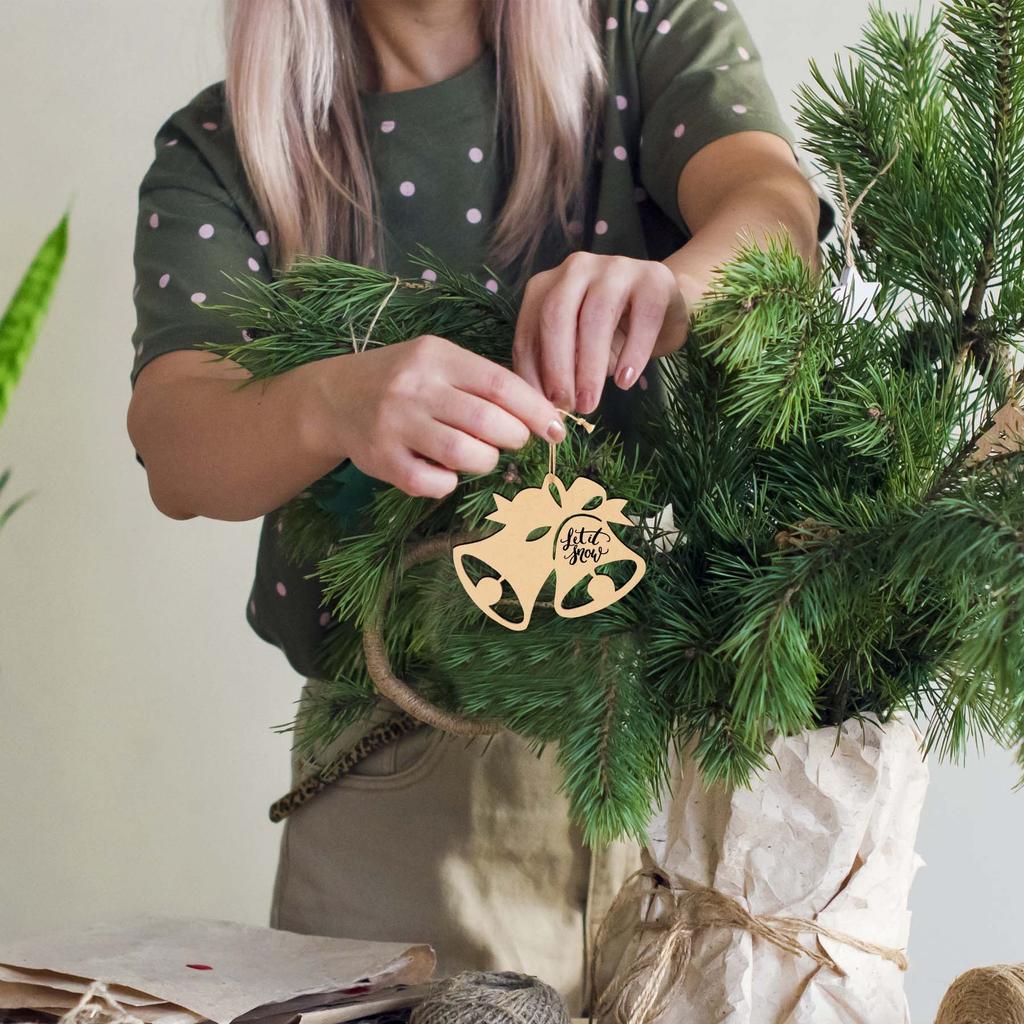 Inkdotpot 40pcs Bell Wooden Ornament with Holes 3.5" Unfinished Predrilled Natural Wood Slices for Crafts Wooden DIY Christmas Ornaments Hanging Ropes