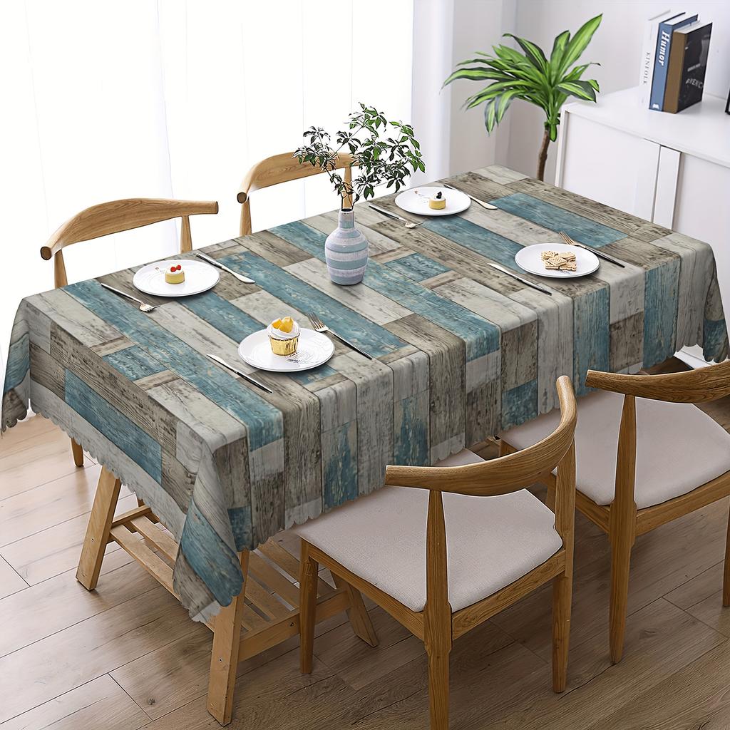 Vintage Wooden Plank Print Tablecloth - Rustic Blue & White Checkered Design, Polyester Fabric, Perfect For Home Kitchen Decor