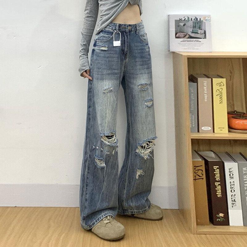 American ripped straight jeans women's spring new thin large size fat mm mopping loose wide-leg pants