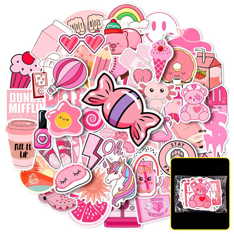 50 Vsco Pink Mix And Match Stickers, Cartoon Cute Girl Little Fresh Girl Graffiti Stickers