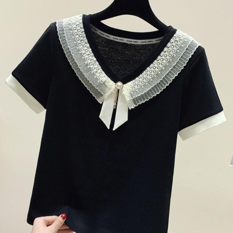 

Корейская простота Мода Летние футболки Женские Панельные V-образный вырез Пэчворк Бант Жемчуг Темперамент Свободный Короткий рукав Тонкие Топы XXXL чёрный